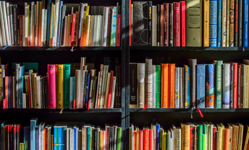 Boekenkast met gekleurde boeken